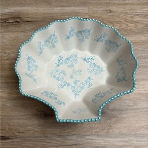 Temptations Floral Lace Blue White Ceramic Serving Bowl Hand Painting